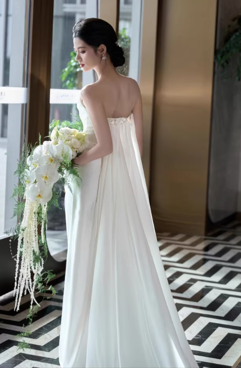 Elegant Satin Strapless A-Line Flowy Long Train Wedding Dress DP7692