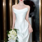 Elegant Satin Strapless A-Line Flowy Long Train Wedding Dress DP7692