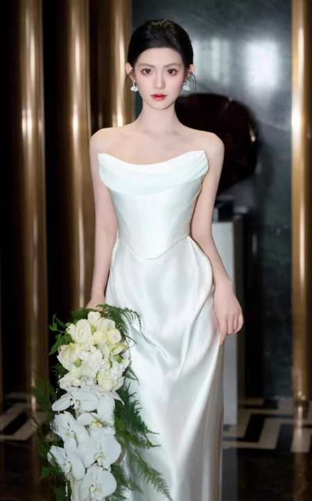 Elegant Satin Strapless A-Line Flowy Long Train Wedding Dress DP7692