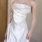 Elegant Ivory Satin Strapless Pearl Chain Embellishments & Train Wedding Dress DP7695
