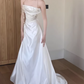 Elegant Ivory Satin Strapless Pearl Chain Embellishments & Train Wedding Dress DP7695