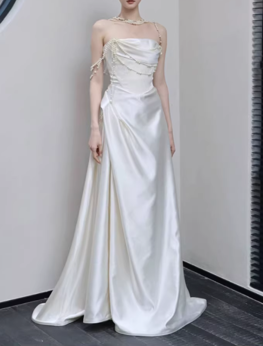 Elegant Ivory Satin Strapless Pearl Chain Embellishments & Train Wedding Dress DP7695