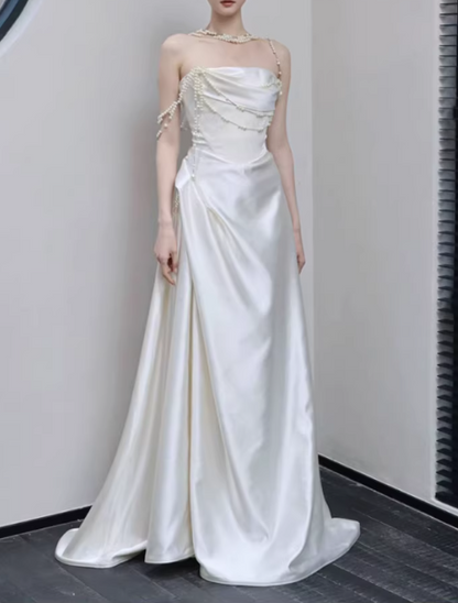 Elegant Ivory Satin Strapless Pearl Chain Embellishments & Train Wedding Dress DP7695