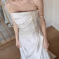 Elegant Ivory Satin Strapless Pearl Chain Embellishments & Train Wedding Dress DP7695