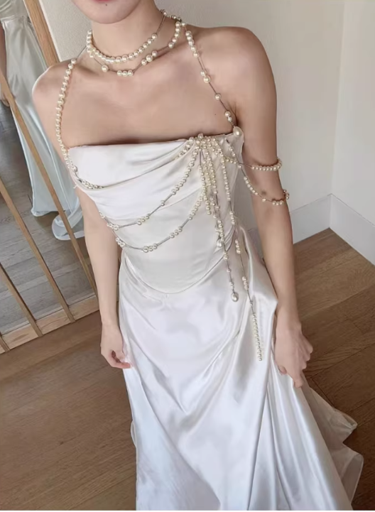 Elegant Ivory Satin Strapless Pearl Chain Embellishments & Train Wedding Dress DP7695