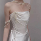 Elegant Ivory Satin Strapless Pearl Chain Embellishments & Train Wedding Dress DP7695