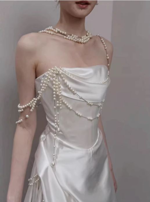 Elegant Ivory Satin Strapless Pearl Chain Embellishments & Train Wedding Dress DP7695