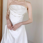 Elegant Ivory Satin Strapless Pearl Chain Embellishments & Train Wedding Dress DP7695
