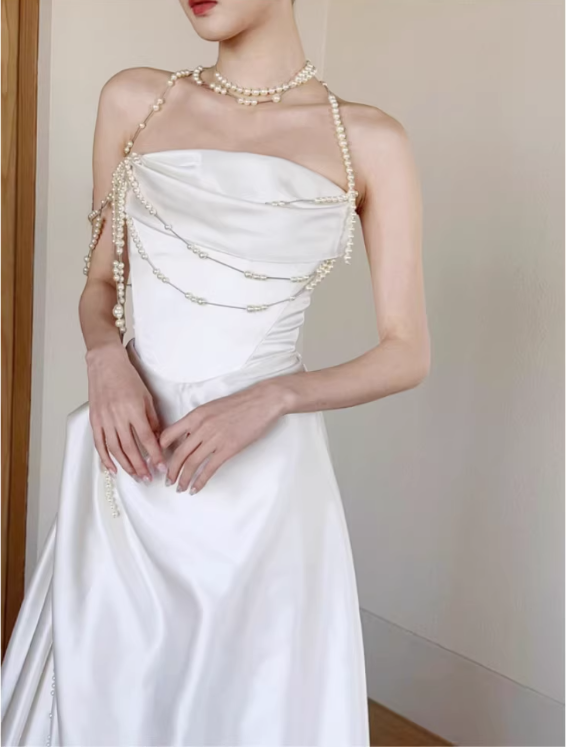 Elegant Ivory Satin Strapless Pearl Chain Embellishments & Train Wedding Dress DP7695
