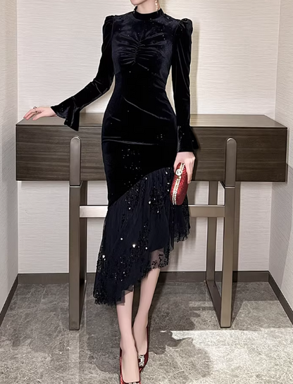 Glamorous Black Velvet Long-Sleeve Midi Dress with Asymmetrical Sequin Ruffle Hem Prom Dress DP7696
