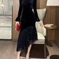 Glamorous Black Velvet Long-Sleeve Midi Dress with Asymmetrical Sequin Ruffle Hem Prom Dress DP7696
