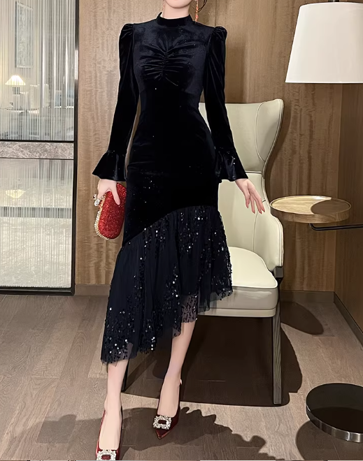 Glamorous Black Velvet Long-Sleeve Midi Dress with Asymmetrical Sequin Ruffle Hem Prom Dress DP7696