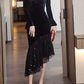 Glamorous Black Velvet Long-Sleeve Midi Dress with Asymmetrical Sequin Ruffle Hem Prom Dress DP7696