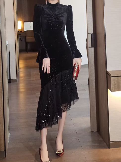 Glamorous Black Velvet Long-Sleeve Midi Dress with Asymmetrical Sequin Ruffle Hem Prom Dress DP7696