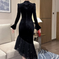 Glamorous Black Velvet Long-Sleeve Midi Dress with Asymmetrical Sequin Ruffle Hem Prom Dress DP7696