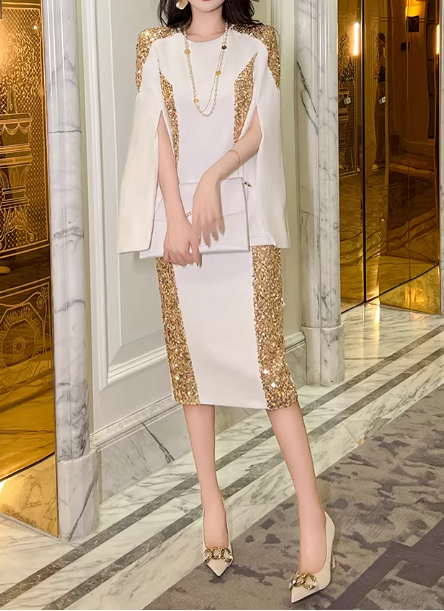 Glamorous White & Gold Sequin Evening Gown Cape-Sleeve Midi Sheath Pro