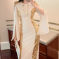 Glamorous White & Gold Sequin Evening Gown Cape-Sleeve Midi Sheath Prom Dress DP7697