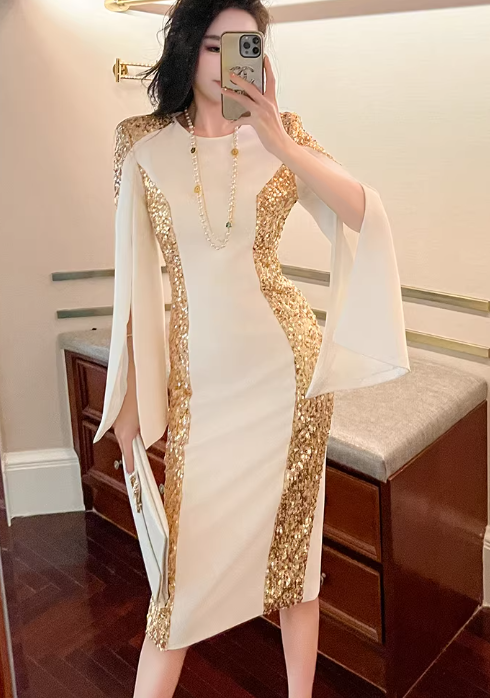 Glamorous White & Gold Sequin Evening Gown Cape-Sleeve Midi Sheath Prom Dress DP7697