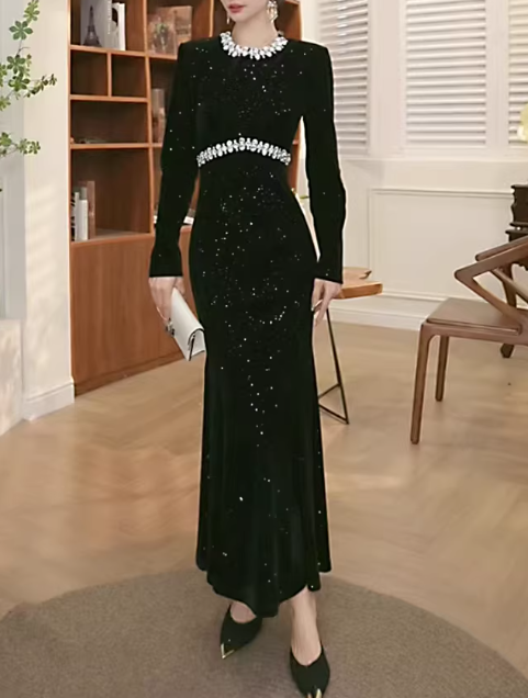 Elegant Black Velvet Sequin Mermaid Gown Long-Sleeve Beaded Prom Dress DP7699