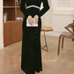 Elegant Black Velvet Sequin Mermaid Gown Long-Sleeve Beaded Prom Dress DP7699