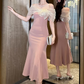 Elegant Pink Mermaid Midi Cocktail Evening Gown Organza Bow Capelet Prom Dress DP7700