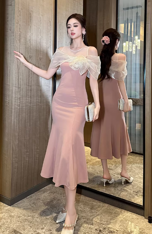 Elegant Pink Mermaid Midi Cocktail Evening Gown Organza Bow Capelet Pr – DSProm