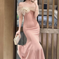 Elegant Pink Mermaid Midi Cocktail Evening Gown Organza Bow Capelet Prom Dress DP7700
