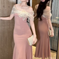 Elegant Pink Mermaid Midi Cocktail Evening Gown Organza Bow Capelet Prom Dress DP7700