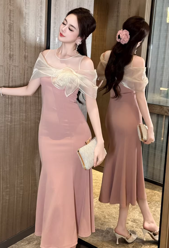 Elegant Pink Mermaid Midi Cocktail Evening Gown Organza Bow Capelet Prom Dress DP7700
