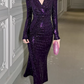 Elegant Purple Sequin Mermaid Midi Evening Gown Long Sleeve V-Neck Sparkly Prom Dress DP7701