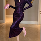 Elegant Purple Sequin Mermaid Midi Evening Gown Long Sleeve V-Neck Sparkly Prom Dress DP7701
