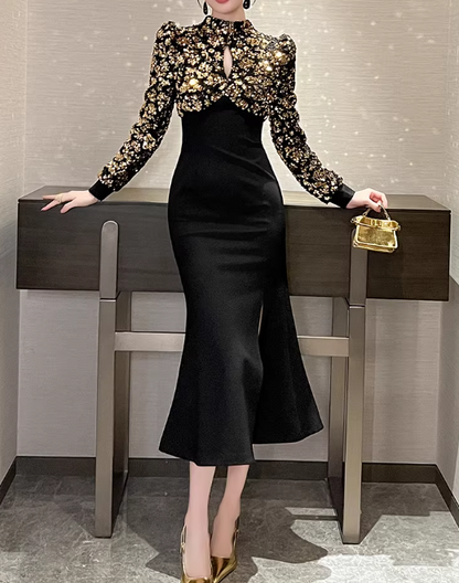 Elegant Black Mermaid Midi Evening Gown Long-Sleeve Gold Sequin Prom Dress DP7703