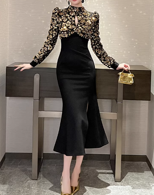 Elegant Black Mermaid Midi Evening Gown Long-Sleeve Gold Sequin Prom Dress DP7703