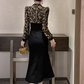 Elegant Black Mermaid Midi Evening Gown Long-Sleeve Gold Sequin Prom Dress DP7703