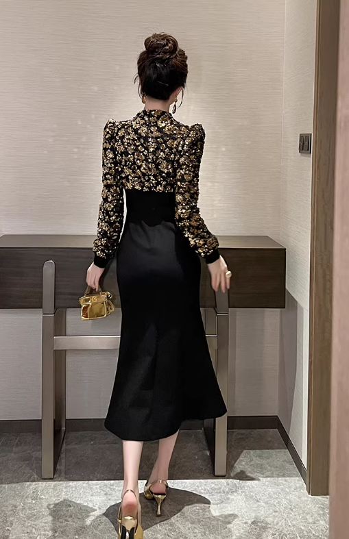 Elegant Black Mermaid Midi Evening Gown Long-Sleeve Gold Sequin Prom Dress DP7703