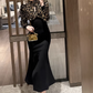 Elegant Black Mermaid Midi Evening Gown Long-Sleeve Gold Sequin Prom Dress DP7703
