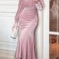 Elegant Pink Velvet Mermaid Midi Evening Gown Long Sleeves Beaded Prom Dress DP7704