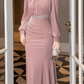 Elegant Pink Velvet Mermaid Midi Evening Gown Long Sleeves Beaded Prom Dress DP7704