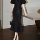 Elegant Black Mermaid Midi Sheer Beaded Evening Gown Off-Shoulder Puff Sleeves Prom Dress DP7706