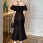 Elegant Black Mermaid Midi Sheer Beaded Evening Gown Off-Shoulder Puff Sleeves Prom Dress DP7706