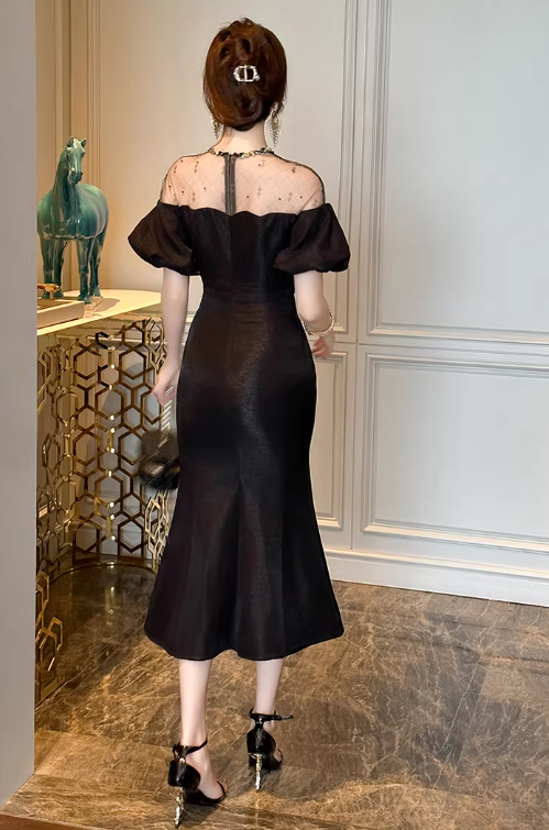Elegant Black Mermaid Midi Sheer Beaded Evening Gown Off-Shoulder Puff Sleeves Prom Dress DP7706