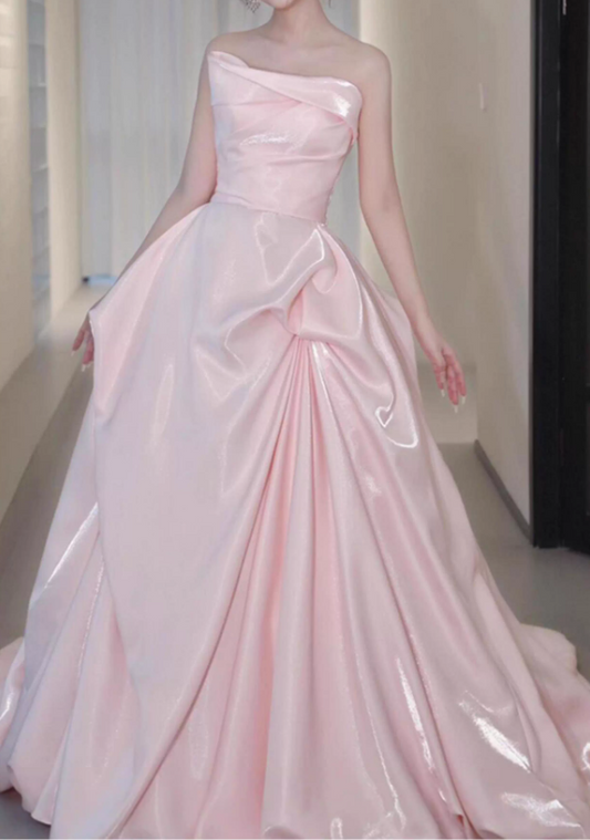 Vintage Pink Satin One-Shoulder Ruched Sweet 16 Dresses Princess Ball Gown DP7707