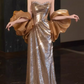 Elegant Gold Sequin Strapless Sheath Evening Gown Puff Sleeves Prom Dress DP7709