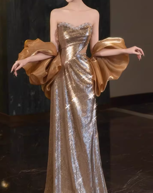 Elegant Gold Sequin Strapless Sheath Evening Gown Puff Sleeves Prom Dress DP7709