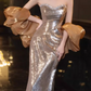 Elegant Gold Sequin Strapless Sheath Evening Gown Puff Sleeves Prom Dress DP7709