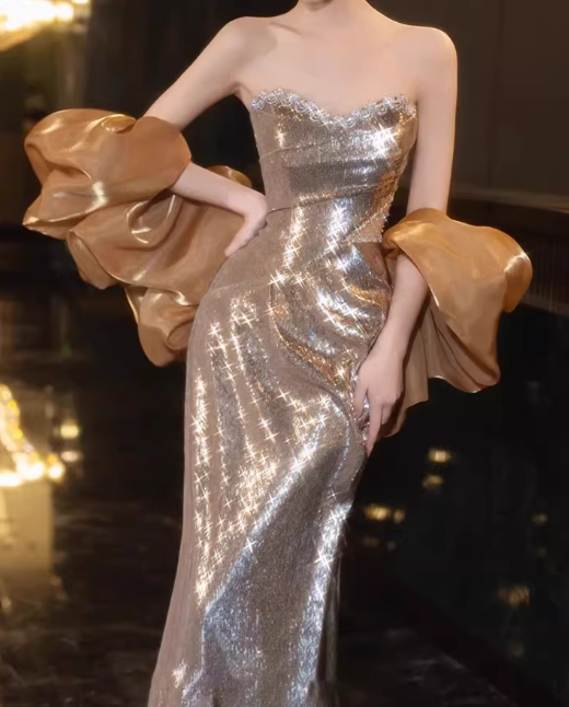 Elegant Gold Sequin Strapless Sheath Evening Gown Puff Sleeves Prom Dress DP7709