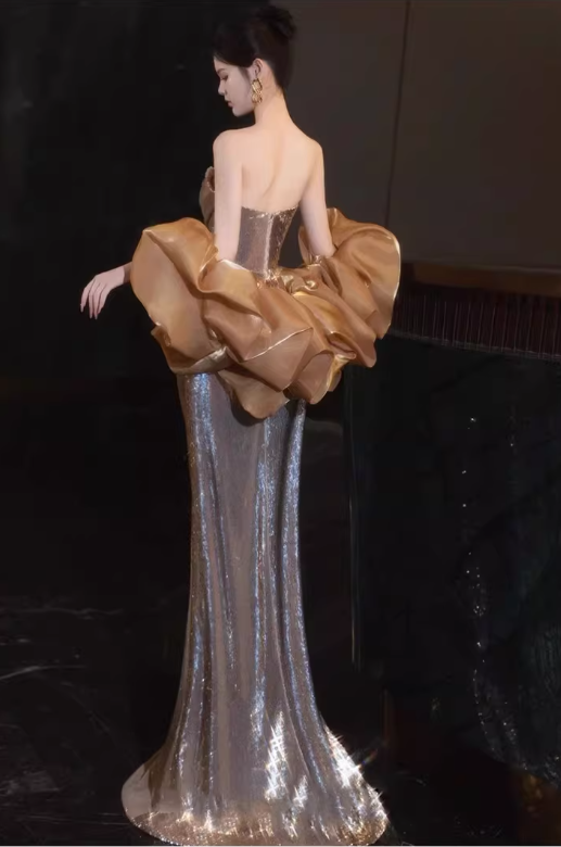 Elegant Gold Sequin Strapless Sheath Evening Gown Puff Sleeves Prom Dress DP7709