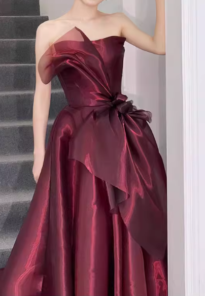 Elegant Burgundy Strapless Organza Ballgown Formal Evening Gown Bow Detail Prom Dress DP7711