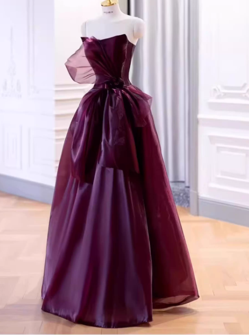 Elegant Burgundy Strapless Organza Ballgown Formal Evening Gown Bow Detail Prom Dress DP7711