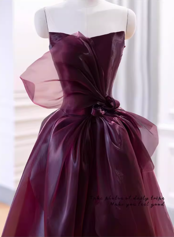 Elegant Burgundy Strapless Organza Ballgown Formal Evening Gown Bow Detail Prom Dress DP7711